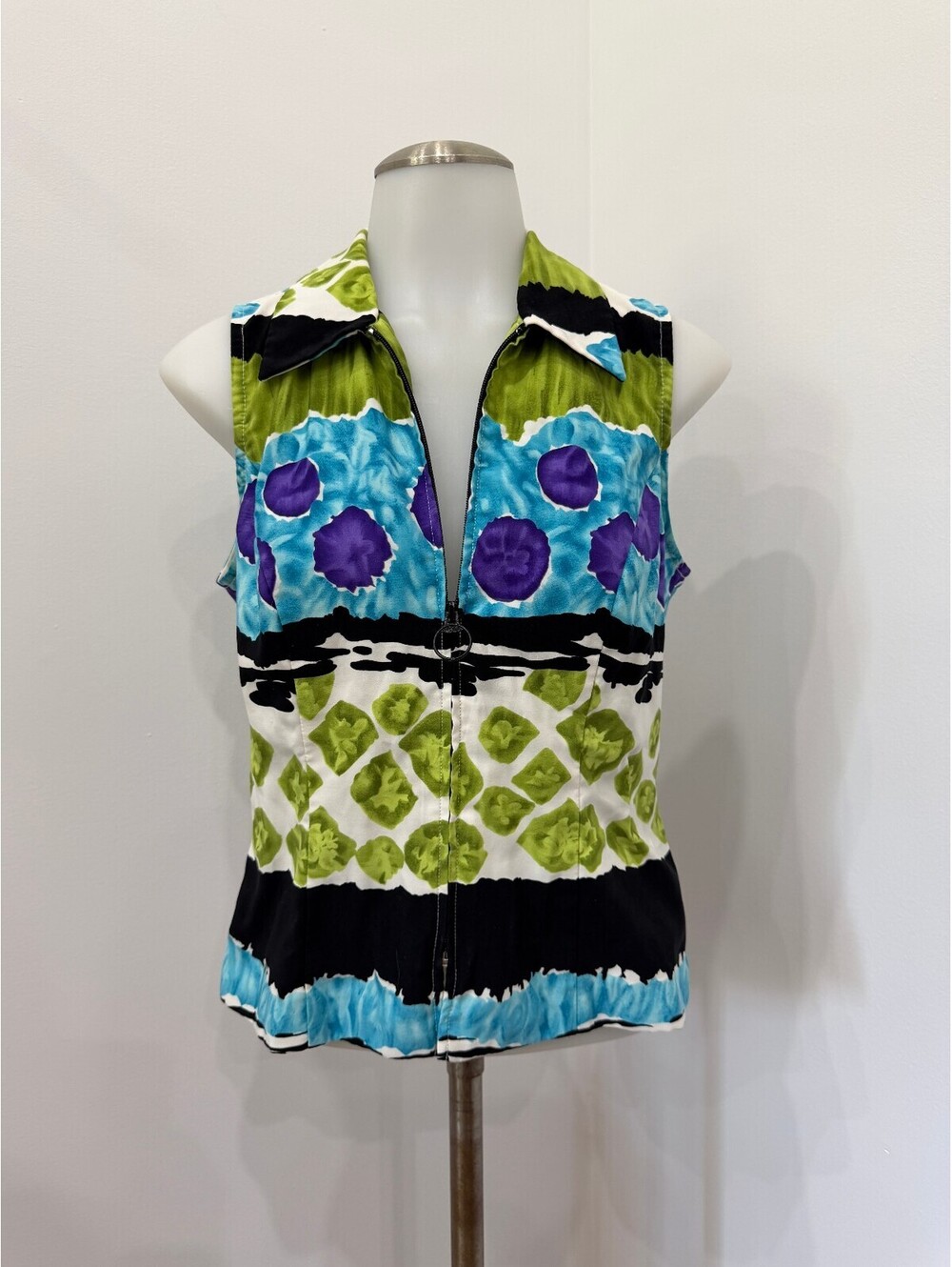 Vintage Sleeveless Zip-Up Vest Tank Colorful Abstract Pattern Positive Attitude